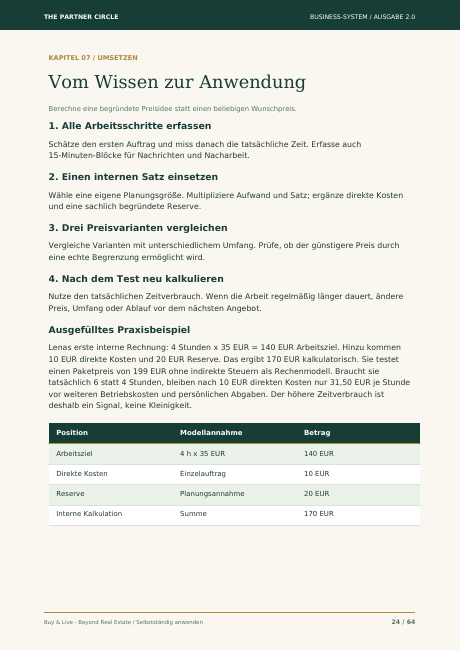 Originalseite 24 mit Preisberechnung, Umsetzungsschritten und ausgefülltem Beispiel